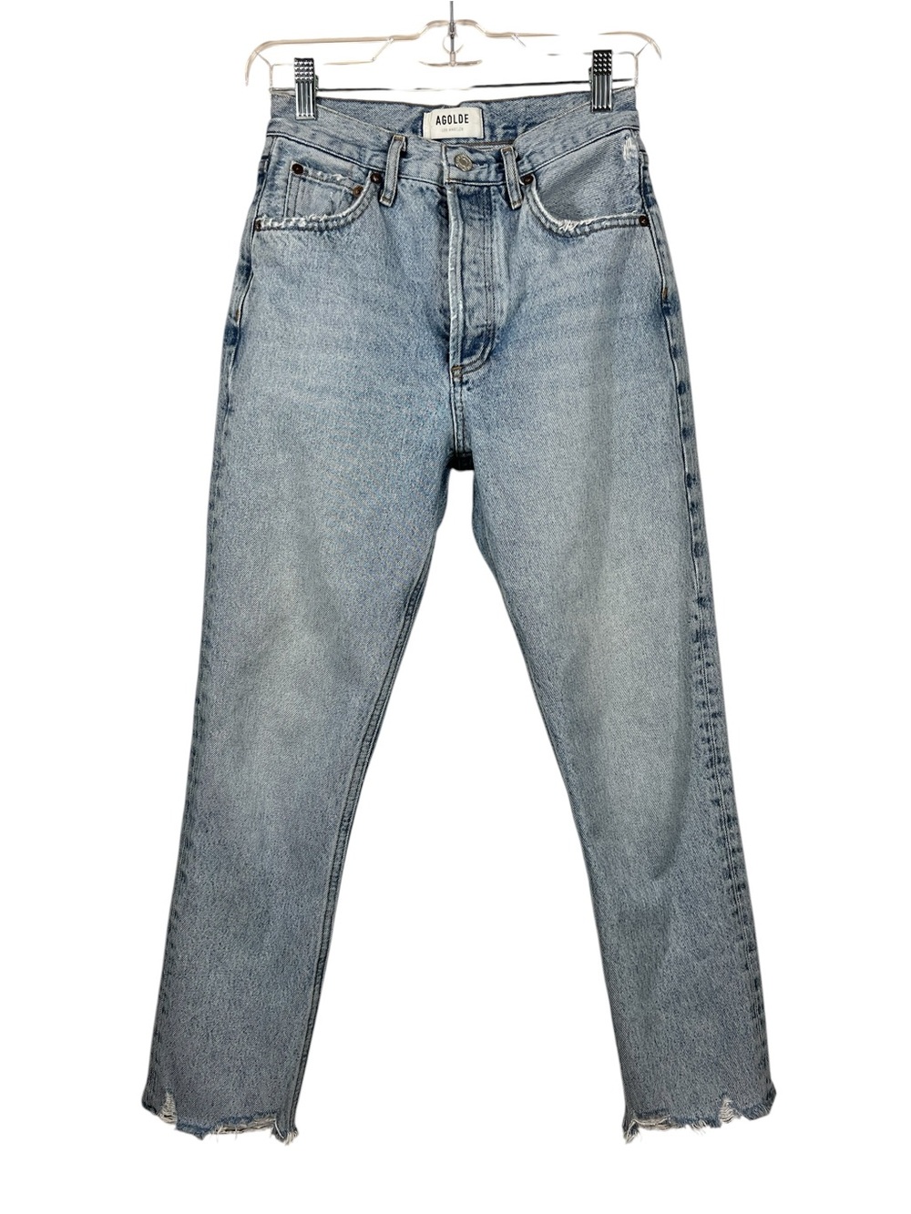 AGOLDE RILEY HIGH RISE straight cropped jeans light wash frayed hem size 24 EUC